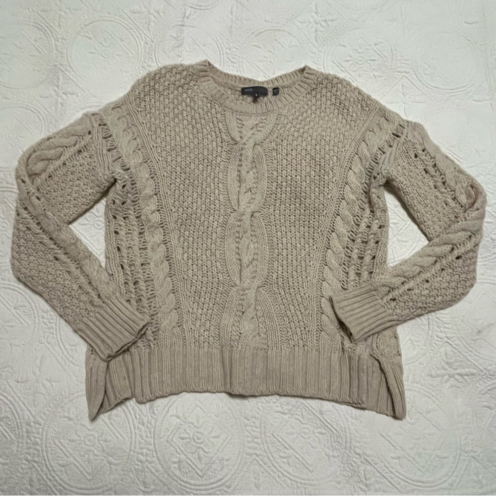 VINCE Beige Open Knit Chunky Cable Knit Wool Blend Sweater size Small